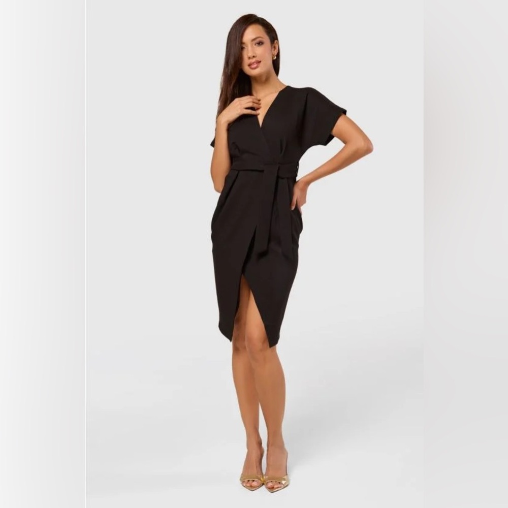 Closet London Black Kimono Wrap Dress w/Pockets and Zip-up Back NWT US 10 UK 12